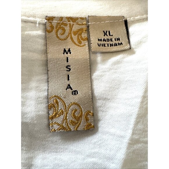 Misia White Collared Long Sleeve Button-Down Shirt With Brown Sequin Pocket XL - Picture 7 of 11